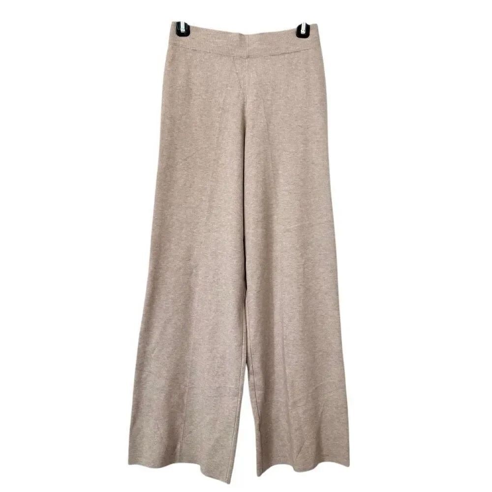 NWT Sioni Heather Ribbed Knit Elastic Waist Pull-On Wide Leg Tan Pants Size XS